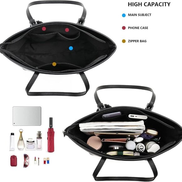 Women Tote Bag PU Leather Large Capacity Shoulder Purse for Work School Shopping - Picture 3 of 8